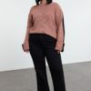 Trendyol Curve Dusty Rose Stripe Detailed Folded Sleeve Knitwear Sweater