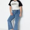 Trendyol Curve Ecru Color Block Printed 100% Cotton Knitted Plus Size T-shirt