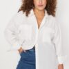 Trendyol Curve Ecru Cotton Long Sleeve Double Pocket Skirt Slit Poplin Woven Plus Size Shirt