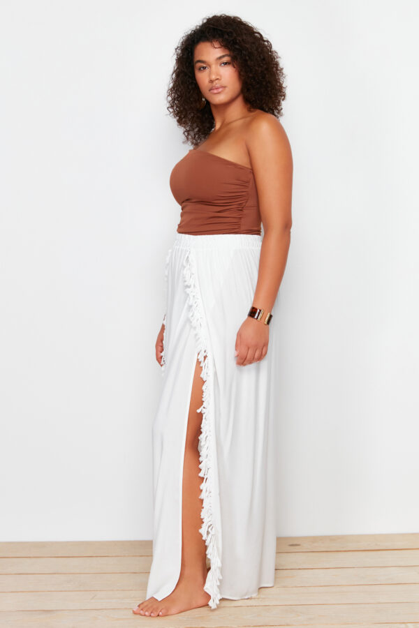 Trendyol Curve Ecru Maxi Length Woven Tassel Slit Detailed Beach Wear Skirt