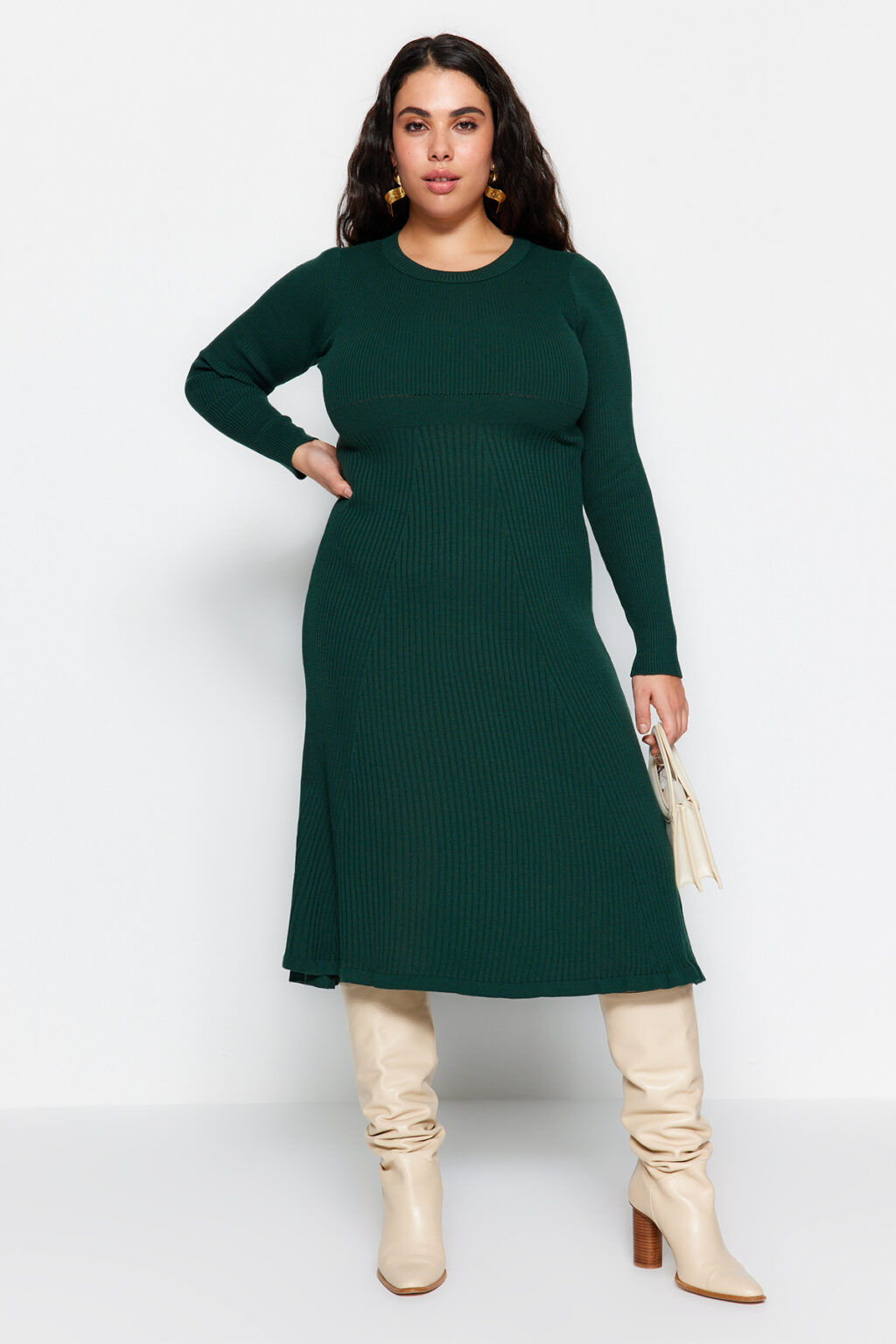 Trendyol Curve Emerald Green Crew nyakú midi kötöttáru ruha