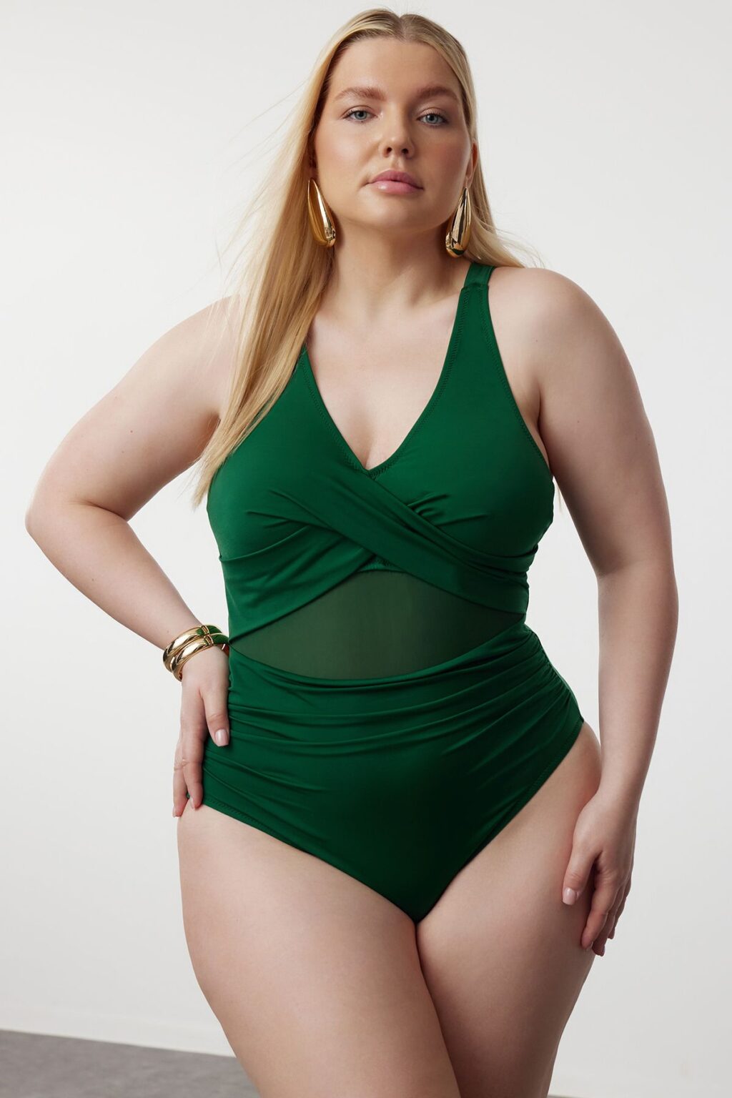 Trendyol Curve Emerald Green Waist Cut Out Mesh/Tulle Detail Plus Size Swimsuit