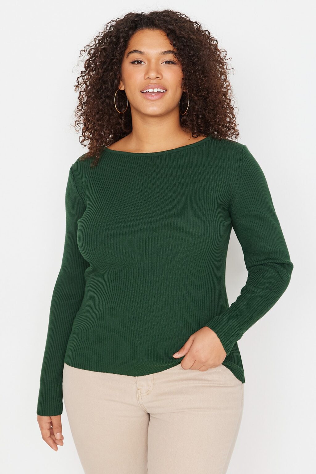 Trendyol Curve Emerald Green hátsó V-nyakú lánc részletes vékony kötöttáru pulóver