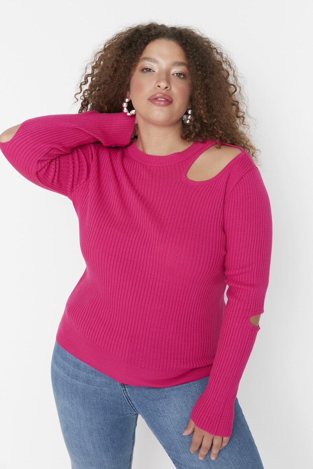 Trendyol Curve Fuchsia kivágta a részletesen kidolgozott Crewneck vékony kötöttáru pulóvert