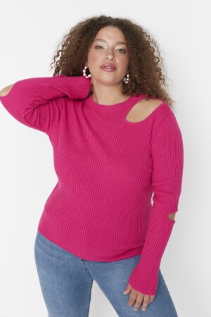 Trendyol Curve Fuchsia kivágta a részletesen kidolgozott Crewneck vékony kötöttáru pulóvert