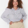 Trendyol Curve Gray Color Woven Blouse with Ruffle Detail on the Collar
