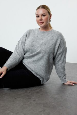 Trendyol Curve Gray Crew Neck Stone Knitwear Sweater