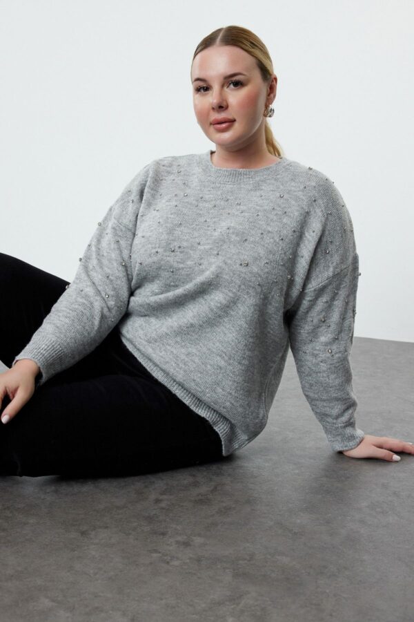 Trendyol Curve Gray Crew Neck Stone Knitwear Sweater