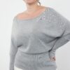 Trendyol Curve Gray Melange Low Shoulder Stoned Knitwear Sweater