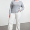 Trendyol Curve Gray Shirt Collar Detailed Jersey Knit Plus Size Blouse