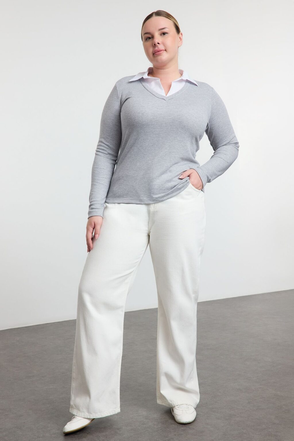 Trendyol Curve Gray Shirt Collar Detailed Jersey Knit Plus Size Blouse