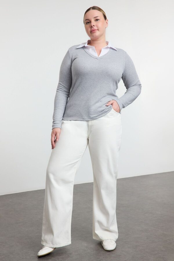 Trendyol Curve Gray Shirt Collar Detailed Jersey Knit Plus Size Blouse