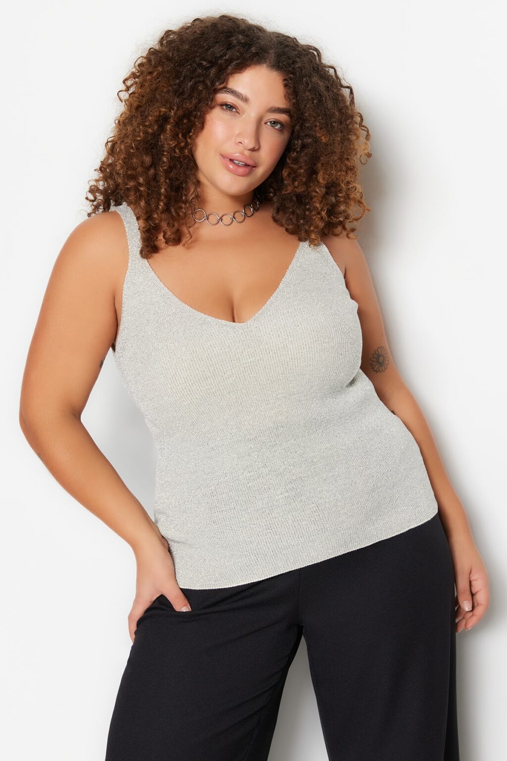 Trendyol Curve Gray Strap Fine Knitwear Glitter Blouse