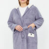 Trendyol Curve Gray Wellsoft/Plush Animal Figured Pocket Hooded Knitted Dressing Gown