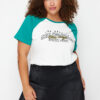 Trendyol Curve Green Color Block Printed Knitted T-shirt