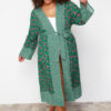 Trendyol Curve Green Ethnic Patterned Belted Maxi Length Beach WearWoven Kimono & Kaftan