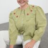 Trendyol Curve Green Floral Embroidery Detailed Wafer Woven Long Sleeve Shirt