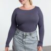 Trendyol Curve Grey 100% Cotton Fitted Long Sleeve Plus Size T-shirt