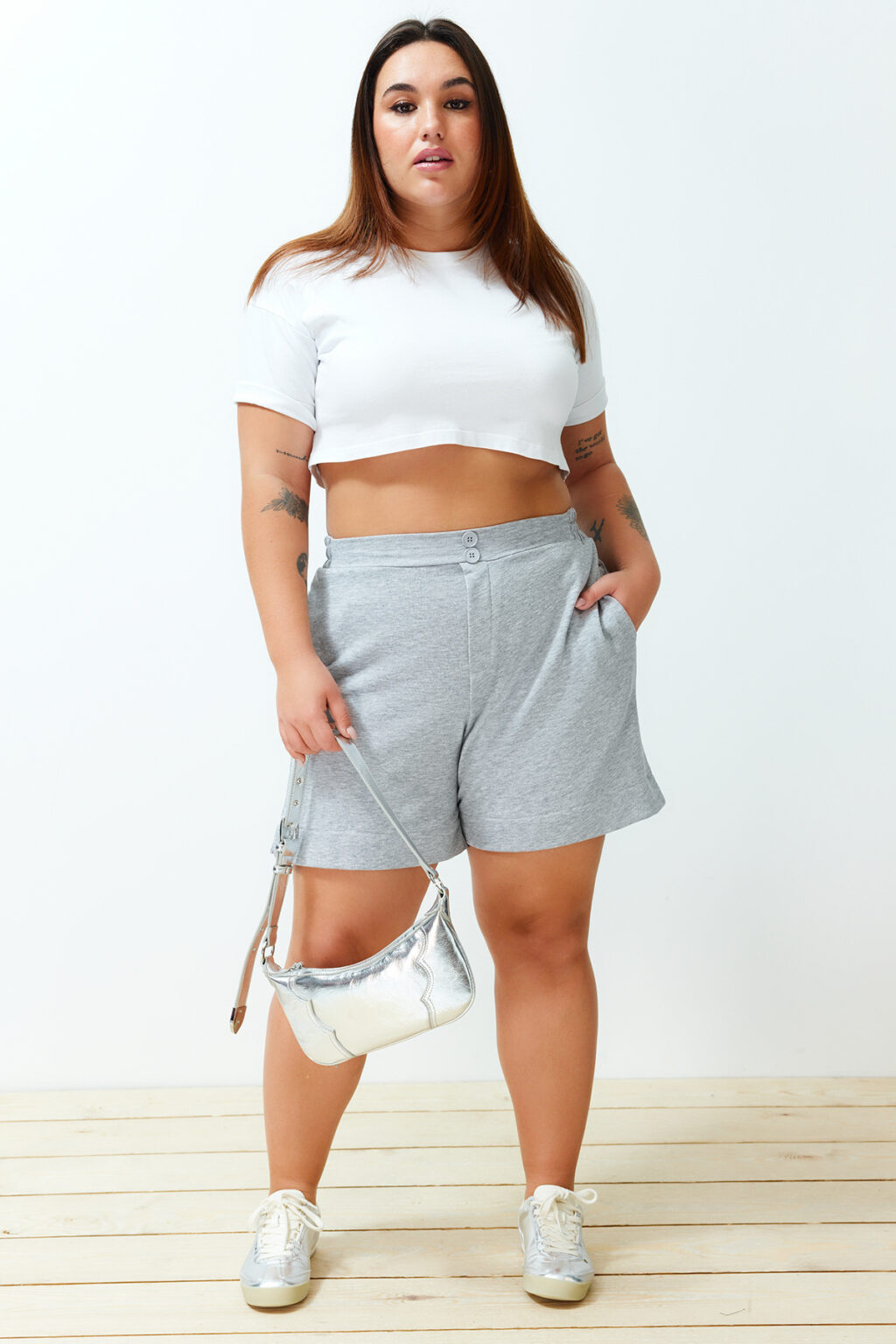 Trendyol Curve Grey Button Detail 100% Cotton Knitted Plus Size Shorts & Bermudas
