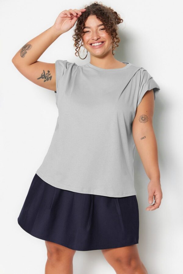 Trendyol Curve Grey Crew Neck Basic 100% Cotton Knitted Plus Size Blouse