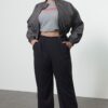 Trendyol Curve Grey High Waist Wide Leg Elastic Waist Knitted Sweatpants