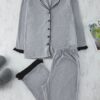 Trendyol Curve Grey Melange Shirt Collar Flounce Detailed Knitted Pajama Set