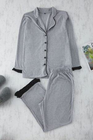 Trendyol Curve Grey Melange Shirt Collar Flounce Detailed Knitted Pajama Set