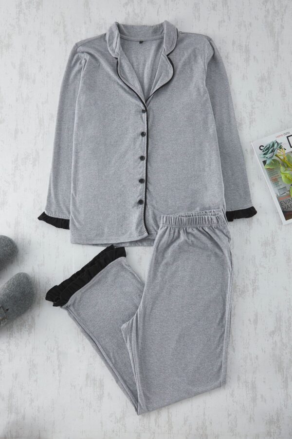 Trendyol Curve Grey Melange Shirt Collar Flounce Detailed Knitted Pajama Set