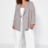 Trendyol Curve Grey Striped Double Closure Double Breasted Closure Lined Plus Size Woven Jacket