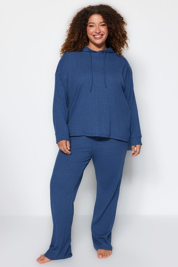 Trendyol Curve Indigo Hooded Collar Relaxed Fit Knitted Camisole Plus Size Top-Bottom Set