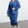 Trendyol Curve Indigo Ribbed Midi Length 2-Piece Cardigan & Dress Knitwear Set