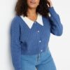 Trendyol Curve Indigó bordázott gallér Részletes gombos kötöttáru Cardigan
