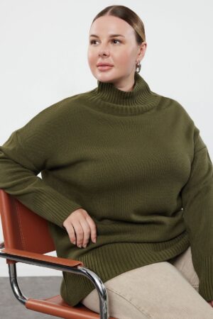 Trendyol Curve Khaki Turtleneck Off Shoulder Knitwear Sweater
