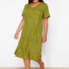 Trendyol Curve Khaki V-Neck Jacquard Floral Patterned Woven Plus Size Dress
