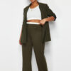 Trendyol Curve Khaki Waist Poplin Detail High Waist Wide Leg Knitted Plus Size Trousers
