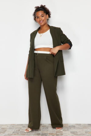 Trendyol Curve Khaki Waist Poplin Detail High Waist Wide Leg Knitted Plus Size Trousers