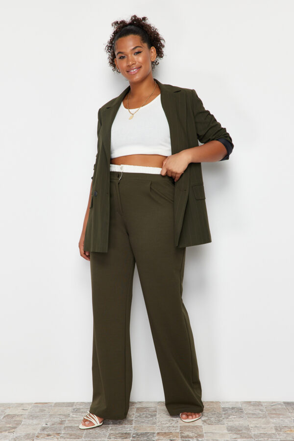 Trendyol Curve Khaki Waist Poplin Detail High Waist Wide Leg Knitted Plus Size Trousers