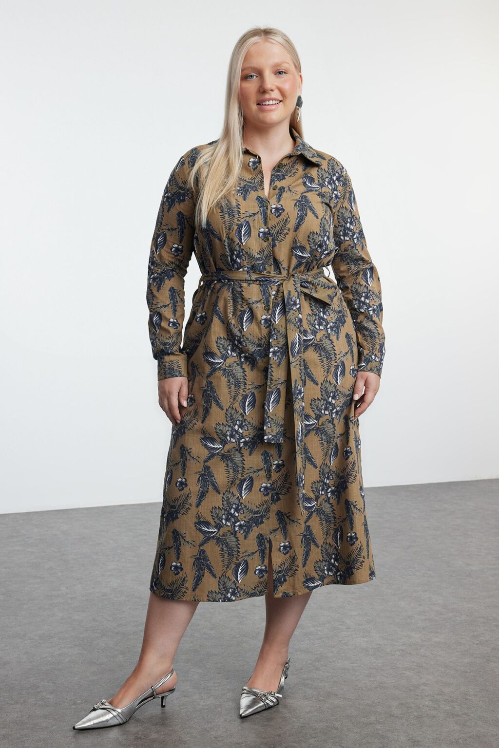 Trendyol Curve Khaki Women's Floral Midi Buttoned Belted Woven Plus Size Shirt Dress