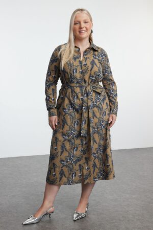 Trendyol Curve Khaki Women's Floral Midi Buttoned Belted Woven Plus Size Shirt Dress