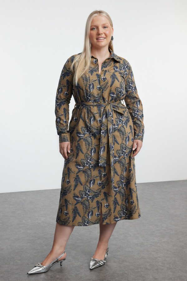 Trendyol Curve Khaki Women's Floral Midi Buttoned Belted Woven Plus Size Shirt Dress