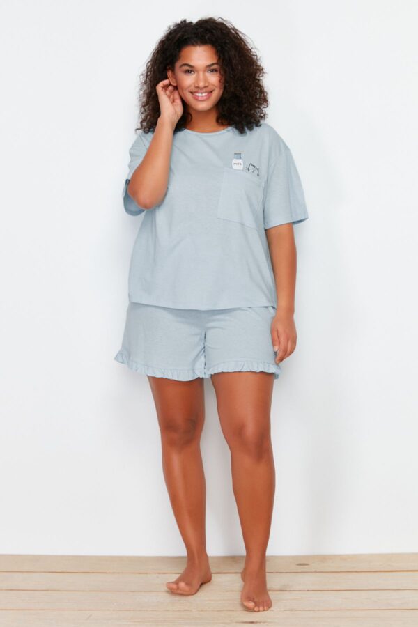 Trendyol Curve Light Blue Cat Printed Knitted Pajama Set