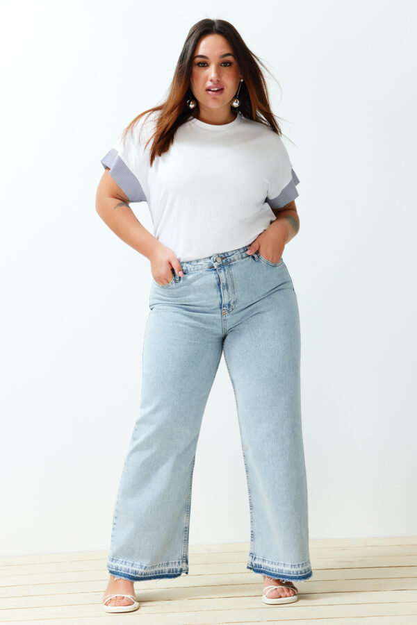 Trendyol Curve Light Blue High Waist Color Block Wide Leg Comfort Plus Size Wide Leg Jeans