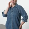 Trendyol Curve Light Blue Stoned Plus Size Denim Shirt
