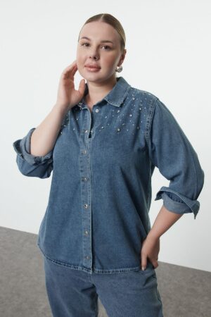 Trendyol Curve Light Blue Stoned Plus Size Denim Shirt