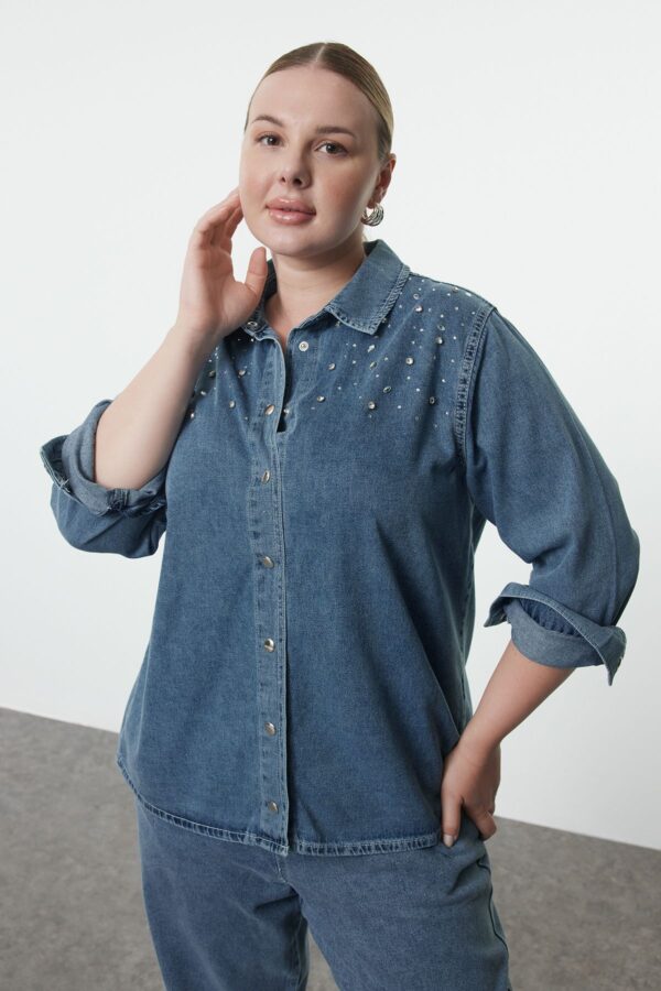 Trendyol Curve Light Blue Stoned Plus Size Denim Shirt