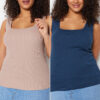 Trendyol Curve Mink-Indigo Basic Corduroy 2 Pack Square Neck Knitted Plus Size Undershirt