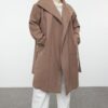 Trendyol Curve Mink Loose Fit Belted Wide Collar Cashmere Coat