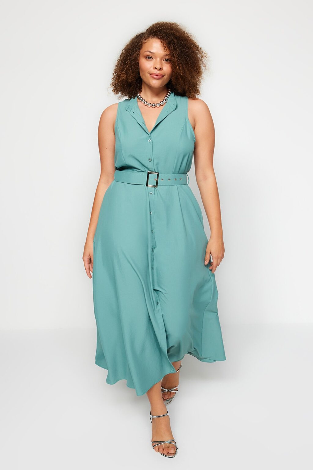 Trendyol Curve Mint Belted Woven Shirt Dress