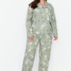 Trendyol Curve Mint Rabbit Printed Woven Pajamas Set
