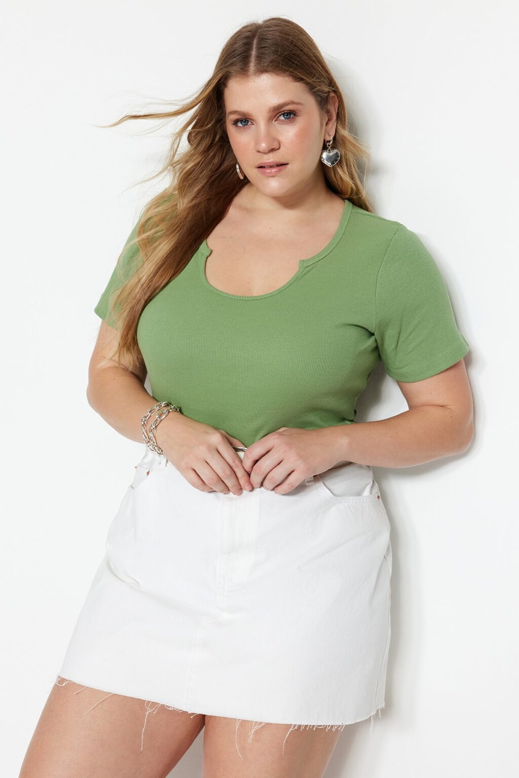 Trendyol Curve Mint Ribbed Pool Collar Knitted Plus Size Blouse